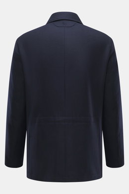 Rückansicht der Colombo Jacke navy aus Wolle mit Microfaseranteil, Slim Fit, Umlegekragen, regulierbarer Taillenweite, Taschen seitlich und innen, weicher Griff.