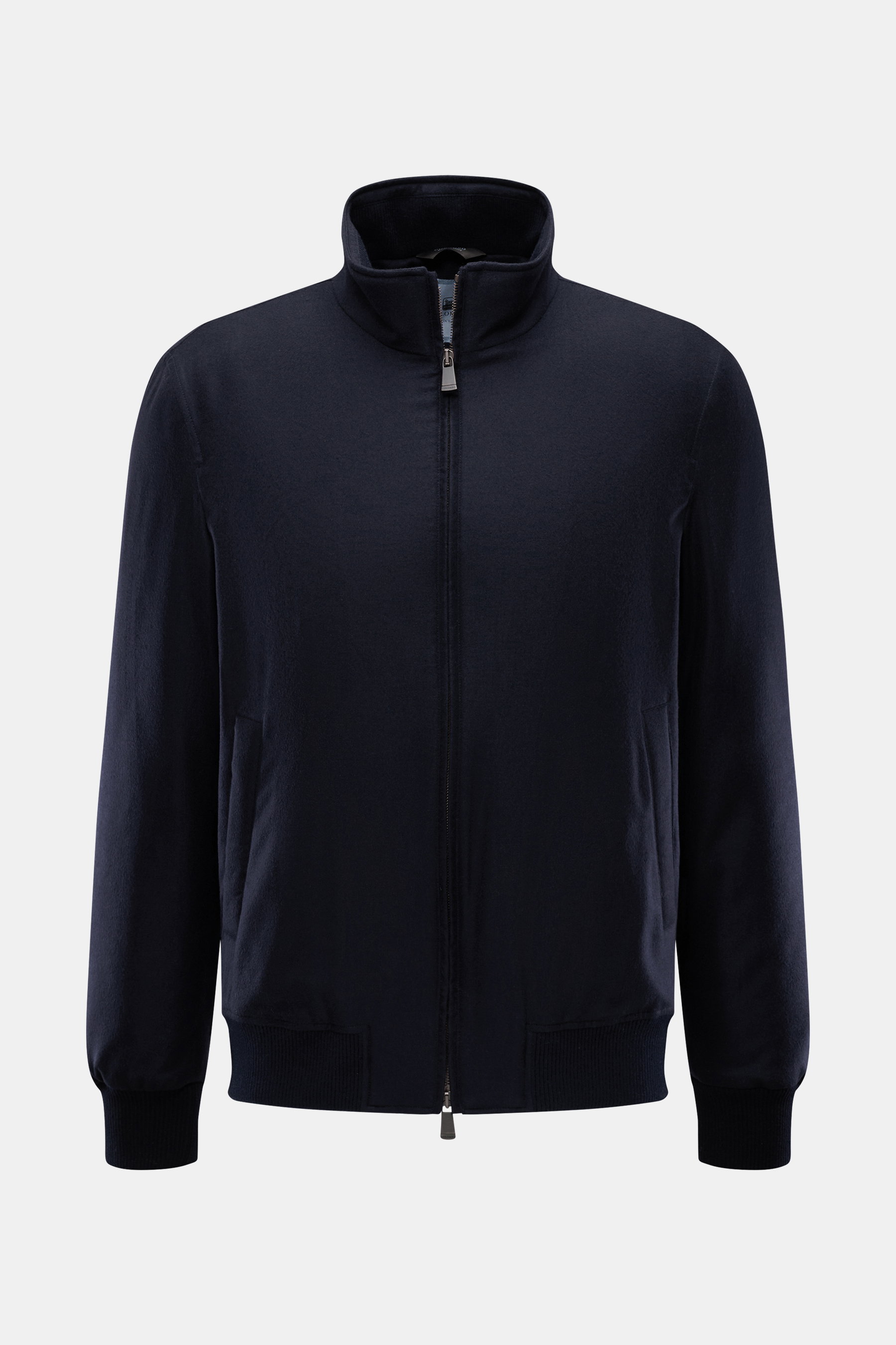 Colombo Kid Cashmere Blouson navy, frontale Nahaufnahme, Slim Fit, reiner Kid Cashmere, wasserabweisend, Stehkragen, Nerzfellfutter, Thermometer.