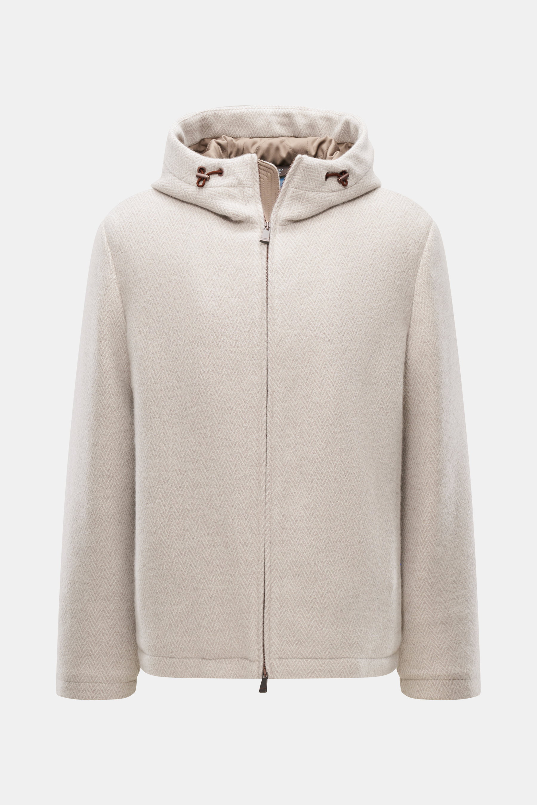 Front view of Colombo Jacket beige melange made from a mix of kid cashmere and kid wool, soft touch, slim fit, with two-way zipper, hood with drawstring, side seam pockets, smooth lining, and two inside pockets.