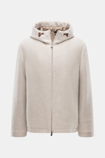 Front view of Colombo Jacket beige melange made from a mix of kid cashmere and kid wool, soft touch, slim fit, with two-way zipper, hood with drawstring, side seam pockets, smooth lining, and two inside pockets.