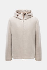 Front view of Colombo Jacket beige melange made from a mix of kid cashmere and kid wool, soft touch, slim fit, with two-way zipper, hood with drawstring, side seam pockets, smooth lining, and two inside pockets.