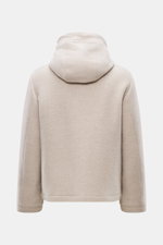 Back view of Colombo Jacket beige melange made of a mix of kid cashmere and kid wool, soft touch, slim fit, with hood and drawstring.