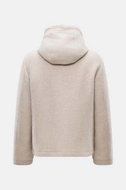 Back view of Colombo Jacket beige melange made of a mix of kid cashmere and kid wool, soft touch, slim fit, with hood and drawstring.