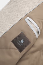 Close-up top-down view of the Colombo Jacket beige melange showing mix of kid cashmere and kid wool, soft touch, slim fit, two-way zipper, hood with drawstring, side seam pockets, smooth lining, and two inside pockets.