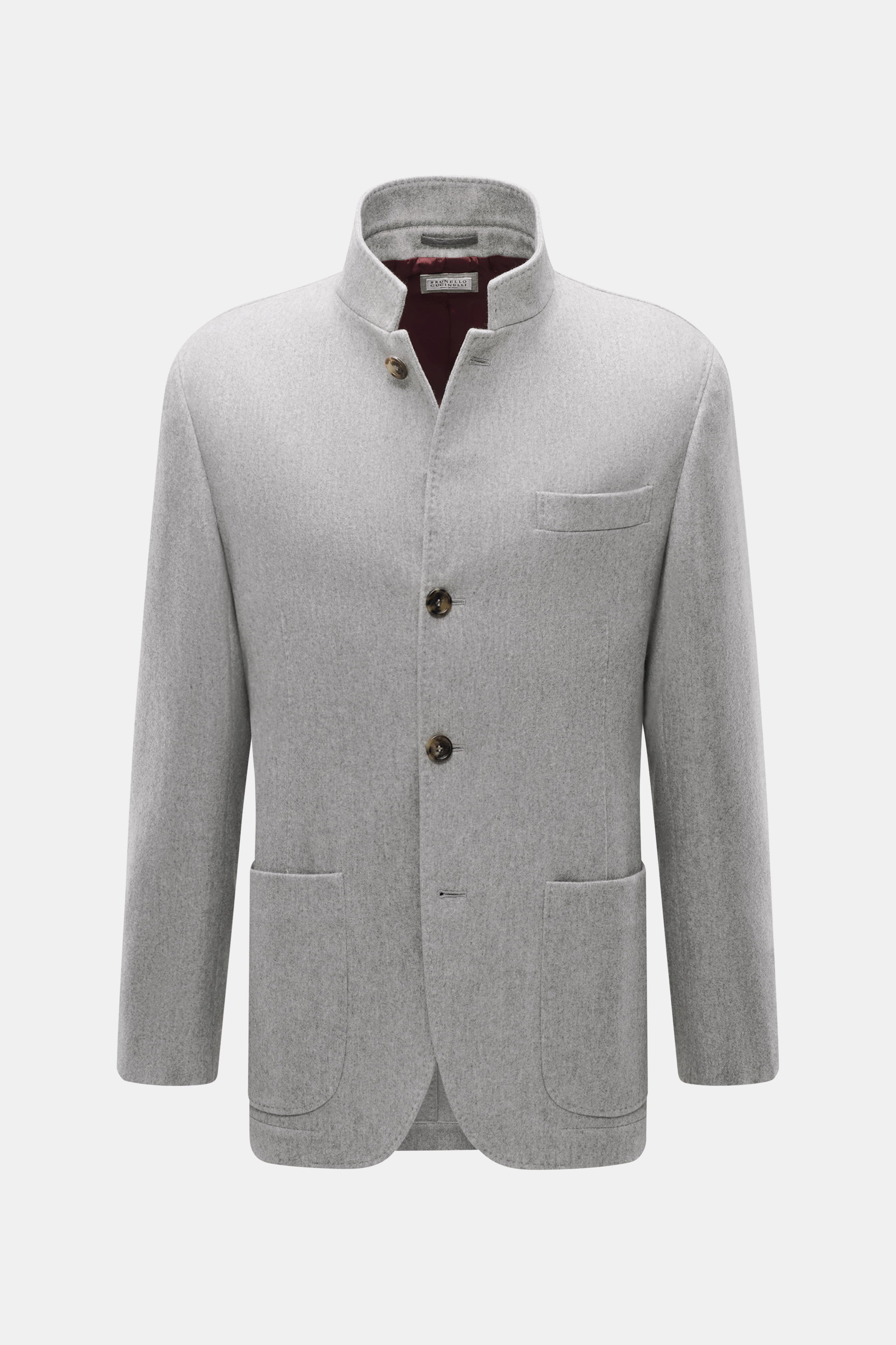 Front view of Brunello Cucinelli Cashmere jacket light grey melange, a slim fit, smart-casual jacket in pure cashmere with water repellent finish, adjustable lapel, four-button placket, classic breast pocket, patch hip pockets, button cuffs, side vents, h