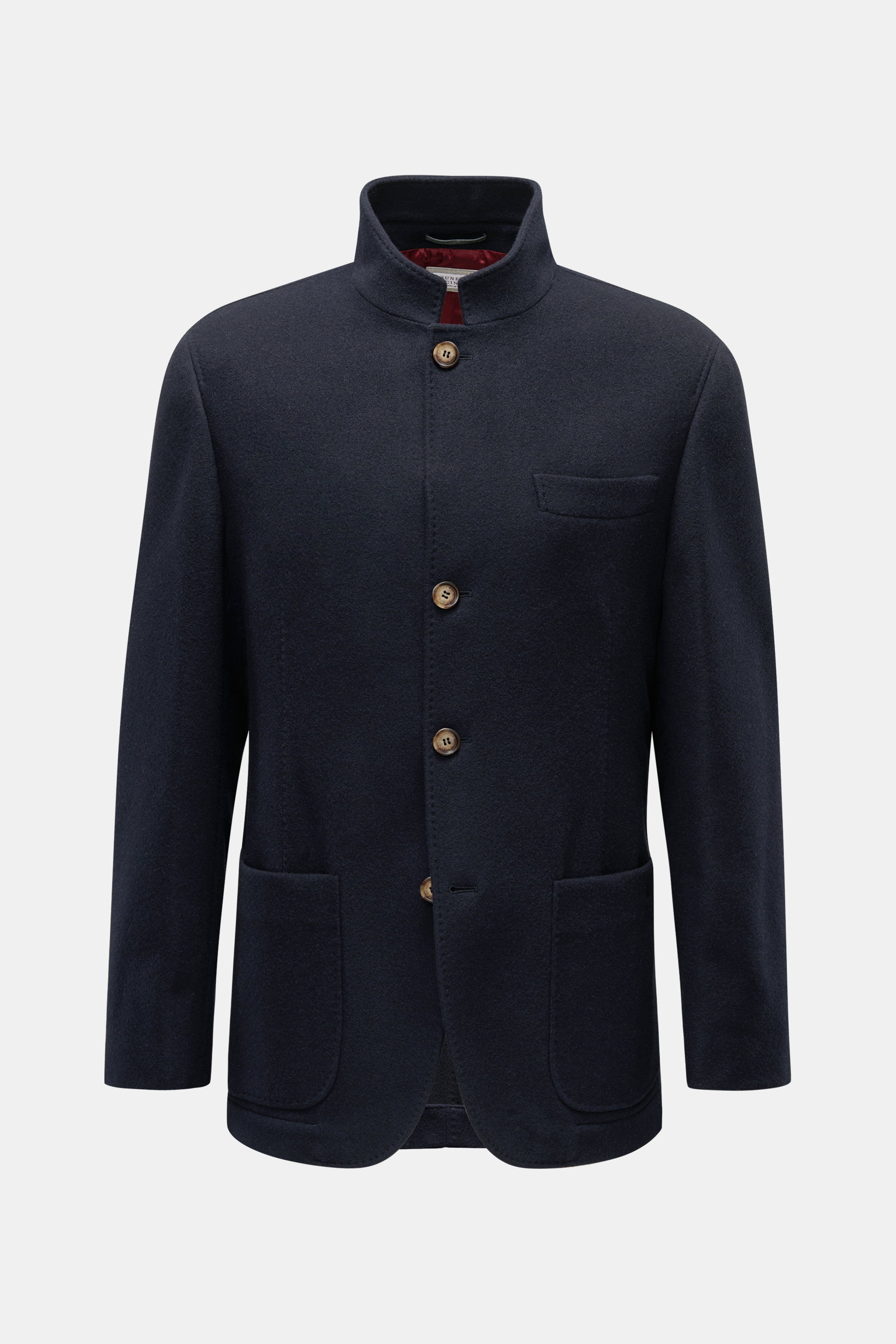 Brunello Cucinelli Cashmere Jacke navy, Slim Fit, wasserabweisend, reiner Cashmere, Vier-Knopf-Leiste, Brusttasche, Hüfttaschen, halbfotografiert frontal.