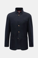 Brunello Cucinelli Cashmere Jacke navy, Slim Fit, wasserabweisend, reiner Cashmere, Vier-Knopf-Leiste, Brusttasche, Hüfttaschen, halbfotografiert frontal.