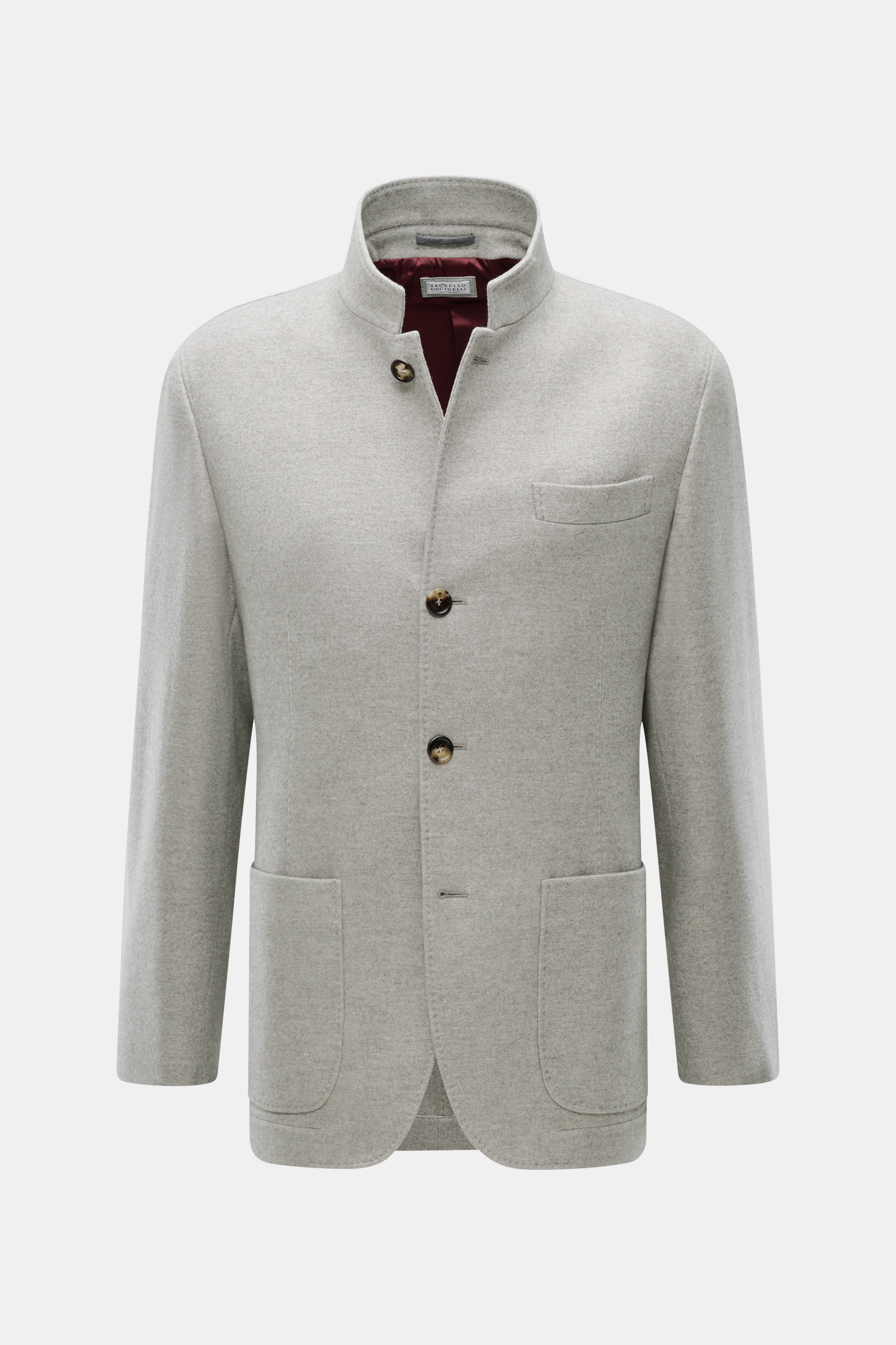 Brunello Cucinelli Cashmere Jacke beige meliert, Slim Fit mit Stehkragen, Vier-Knopf-Leiste, Brusttasche, Hüfttaschen, von vorne fotografiert.