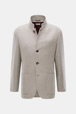 Brunello Cucinelli Cashmere Jacke beige meliert, Slim Fit, wasserabweisend, Sakko-Design mit Vier-Knopf-Leiste, Brust- und Hüfttaschen, Frontansicht.