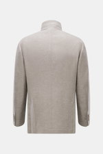 Brunello Cucinelli Cashmere Jacke beige meliert, wasserabweisend, Slim Fit, Rückansicht mit Stehkragen, weicher Griff, Halbfütterung, Seitenschlitze.