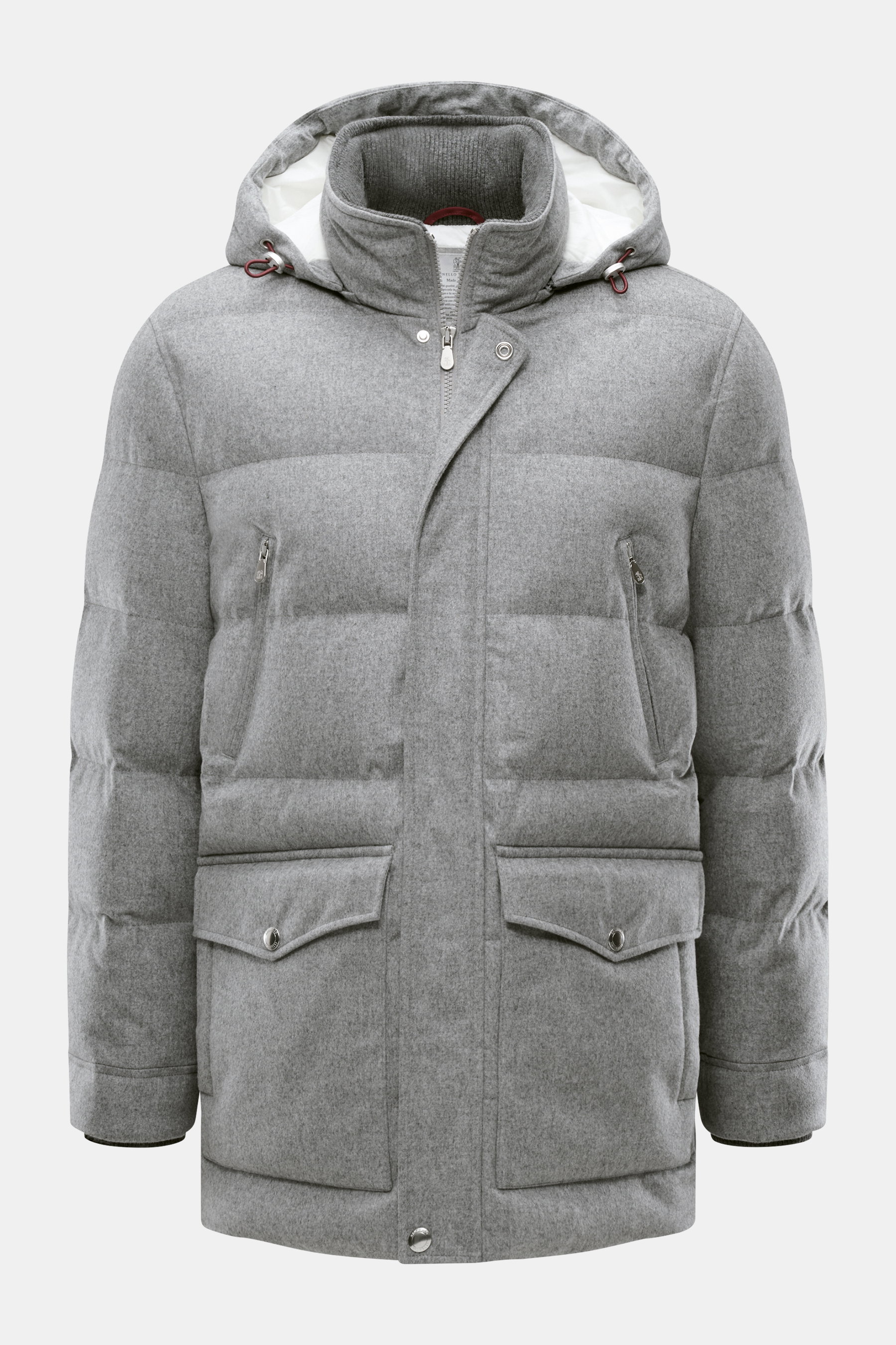 Front view of Brunello Cucinelli Down jacket gray melange, classic pure wool with down filling, slim fit, detachable hood, double-breasted buttons, two-way zipper, high stand-up collar, multiple zip and flap pockets, wind flap with press studs, and smooth