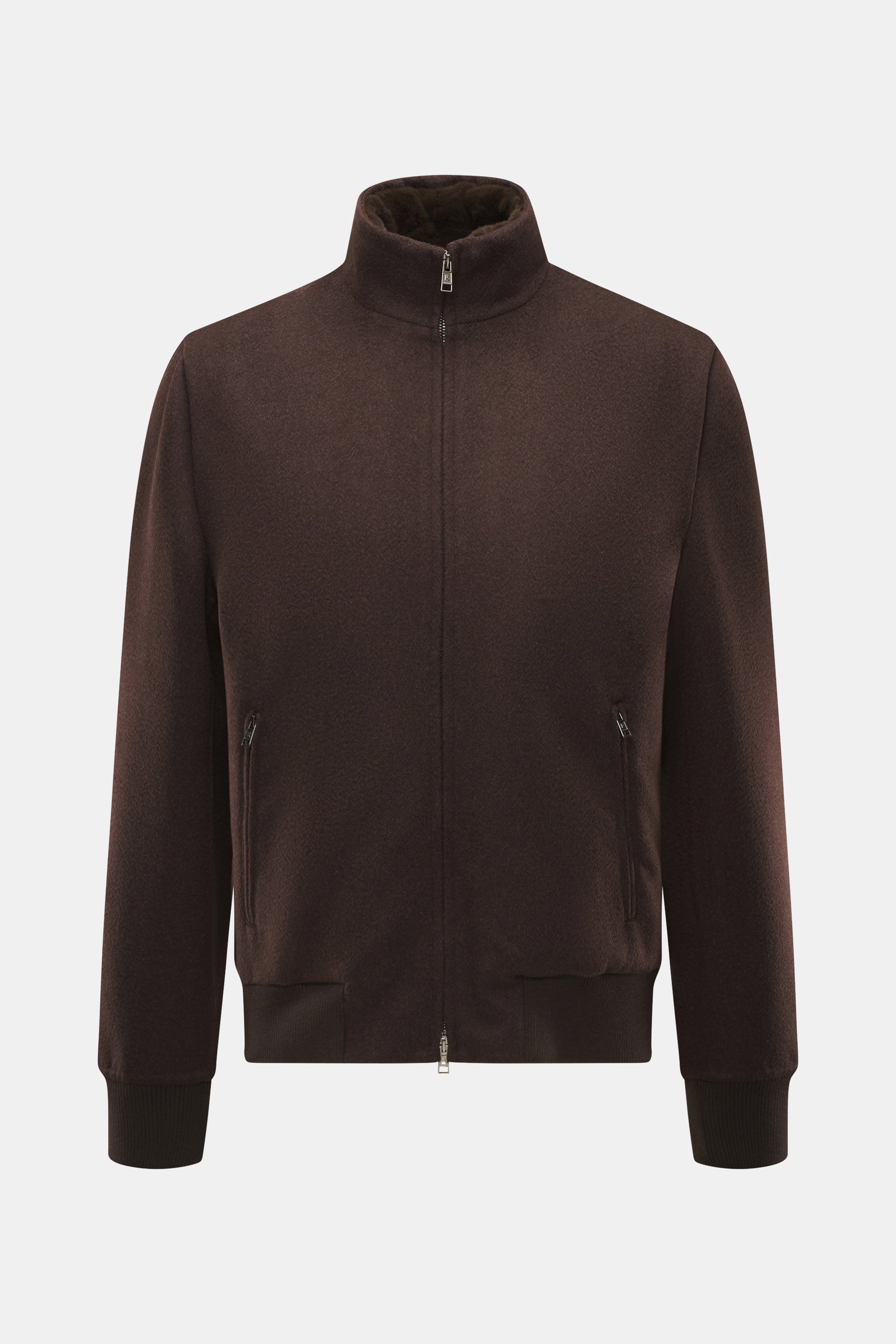 Front view of Rifugio Blouson 'Favola' brown jacket in slim fit, wool-cashmere mix, stand-up collar, two-way zipper, slanted pockets, mink lining, and blouson cuffs.