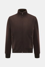 Front view of Rifugio Blouson 'Favola' brown jacket in slim fit, wool-cashmere mix, stand-up collar, two-way zipper, slanted pockets, mink lining, and blouson cuffs.