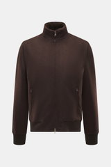 Front view of Rifugio Blouson 'Favola' brown jacket in slim fit, wool-cashmere mix, stand-up collar, two-way zipper, slanted pockets, mink lining, and blouson cuffs.