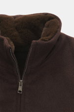 Close-up front view of the Rifugio Blouson 'Favola' brown soft wool-cashmere jacket with stand-up collar, mink fur lining, and two-way zipper.