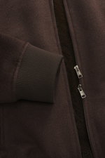Close-up front view of Rifugio Blouson 'Favola' brown jacket, showing wool-cashmere mix, ribbed cuffs, and two-way zipper with mink fur lining.