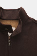 Close-up front view of the Rifugio Blouson 'Favola' dark brown jacket collar, showcasing wool-cashmere blend, slim fit, stand-up collar with button, and two-way zipper; RIFUGIO combines Italian style with the highest wearing comfort in this soft jacket wi