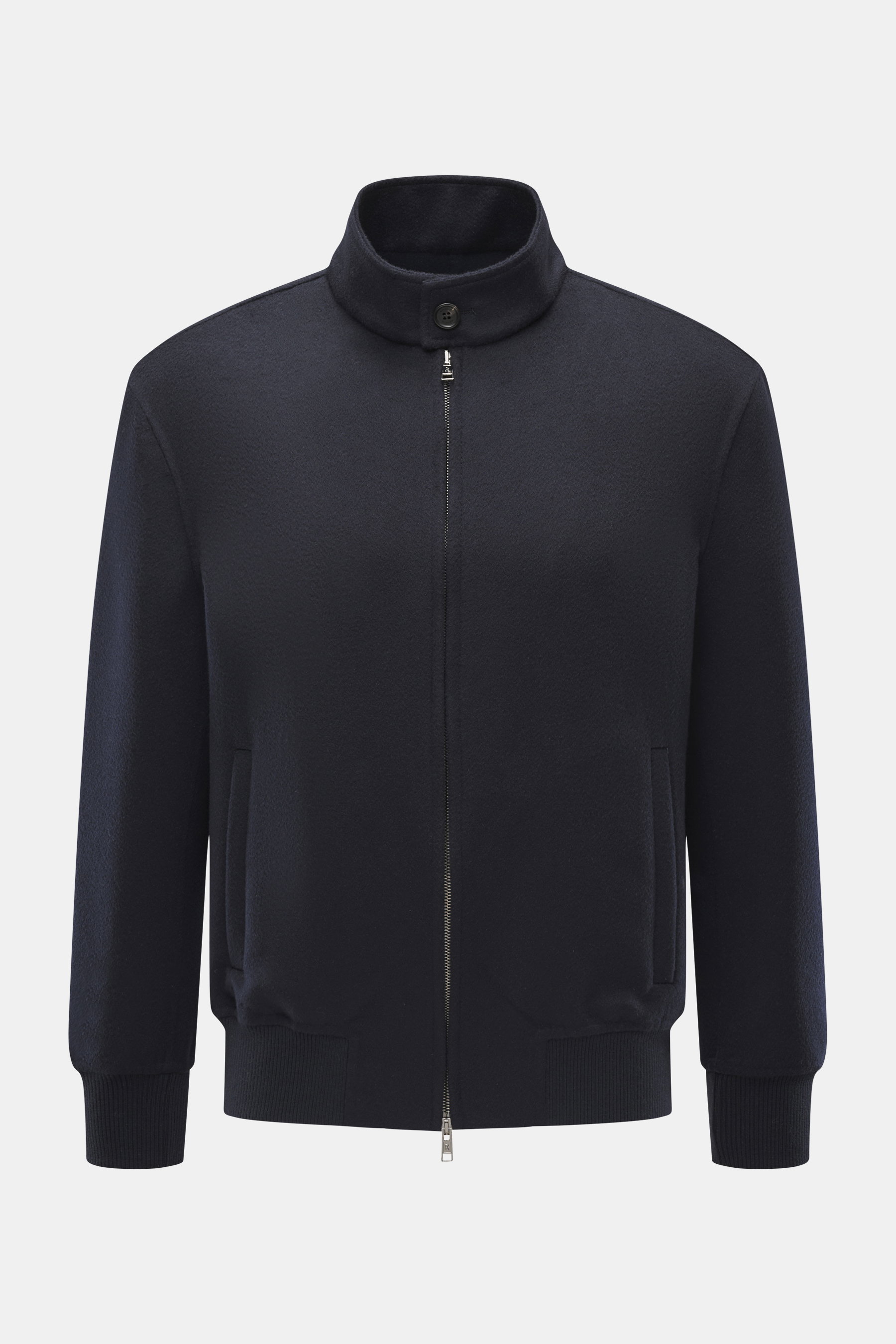 Front view of Rifugio Blouson 'Favola' navy, a slim fit soft wool-cashmere jacket with stand-up collar, two-way zipper, slanted pockets, and blouson cuffs. <p>RIFUGIO combines Italian style with the highest wearing comfort in this soft jacket with a blous