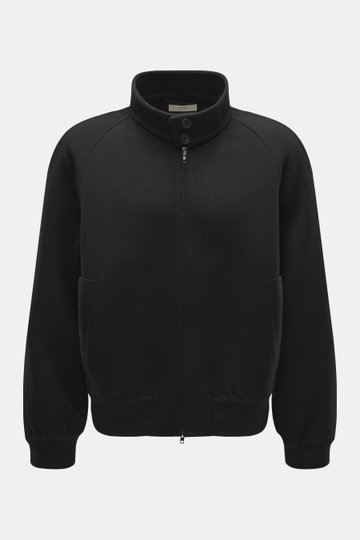 Front view of The Row Cashmere Blouson 'Olek' black, oversized fit with stand-up collar, two-way zipper, raglan sleeves, piped pockets, elastic cuffs, pure cashmere, soft touch.