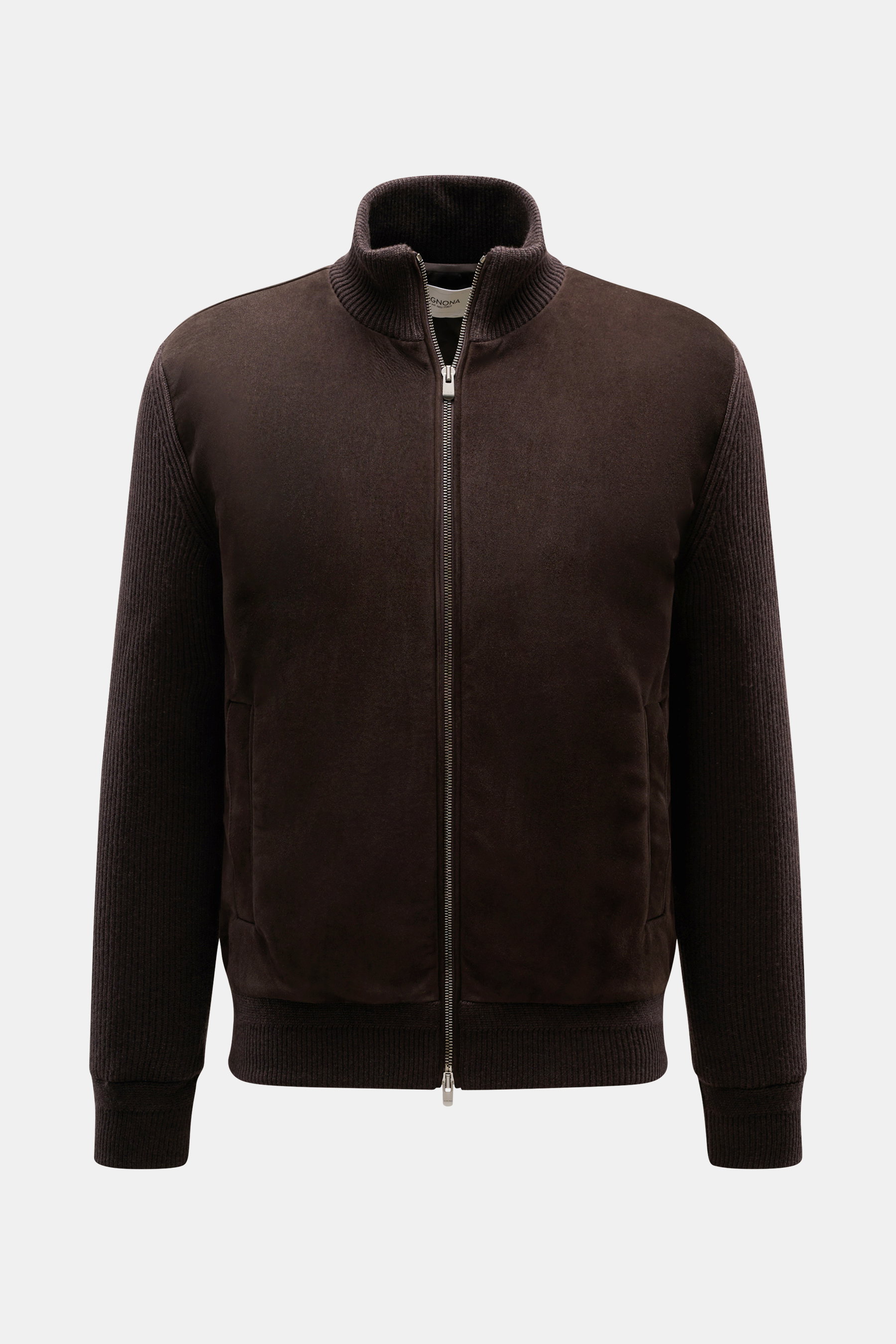 Agnona Cashmere Blouson dunkelbraun, frontal fotografiert, Slim Fit mit Veloursleder, Rippstrickärmeln, Blousonkragen, Zwei-Wege-Reißverschluss, weicher Griff, zwei Innentaschen.