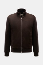 Front view of Agnona Cashmere Blouson Dark Brown featuring pure cashmere, suede leather details, slim fit, rib knit collar and cuffs, two-way zipper, welt pockets, smooth lining, and two inner pockets.