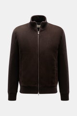 Front view of Agnona Cashmere Blouson Dark Brown featuring pure cashmere, suede leather details, slim fit, rib knit collar and cuffs, two-way zipper, welt pockets, smooth lining, and two inner pockets.