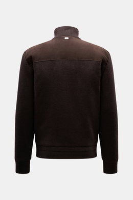 Agnona Cashmere Blouson Dark Brown shown from the back, featuring pure cashmere, rib knit collar and cuffs, suede leather details, slim fit.