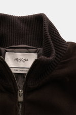 Agnona Cashmere Blouson Dark Brown photographed from above showing rib knit blouson collar, silver zipper, and suede leather details, pure cashmere, soft touch, slim fit, two-way zipper, slanted welt pockets with piping, rib knit sleeves and cuffs, smooth