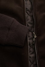 Close-up front view of the Agnona Cashmere Blouson Dark Brown showing rib knit sleeve cuff, suede leather, and two-way zipper with smooth lining.