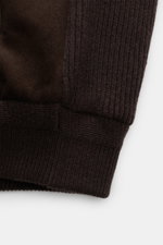 Close-up front view of the Agnona Cashmere Blouson Dark Brown showing fine suede leather and rib knit cuffs, highlighting sporty craftsmanship.