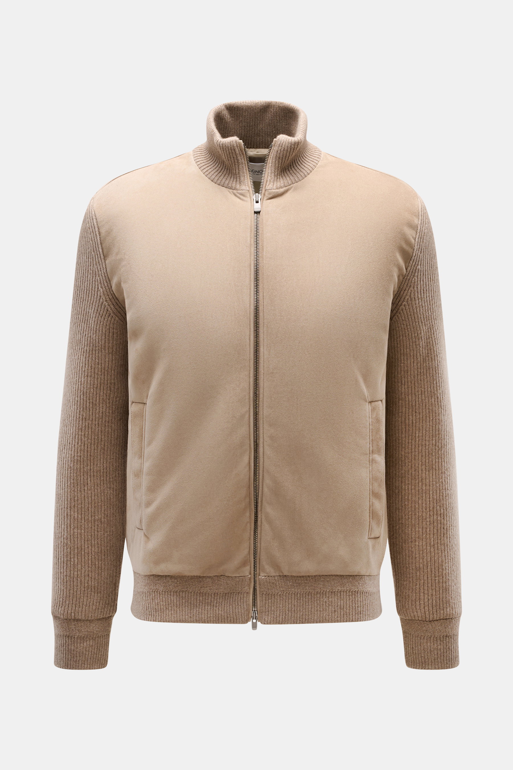 Agnona Cashmere Blouson taupe, frontale Nahaufnahme, Slim Fit mit Veloursleder, Rippstrickärmeln, zwei-Wege-Reißverschluss, Taschen, Rippkragen, weicher Griff.