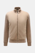 Front view of Agnona Cashmere Blouson taupe with pure cashmere, rib knit collar, sleeves, cuffs, slim fit, two-way zipper, welt pockets.