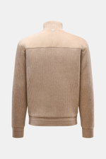 Agnona Cashmere Blouson taupe shown from the back, featuring pure cashmere, fine suede details, rib knit collar, sleeves, and cuffs, slim fit.