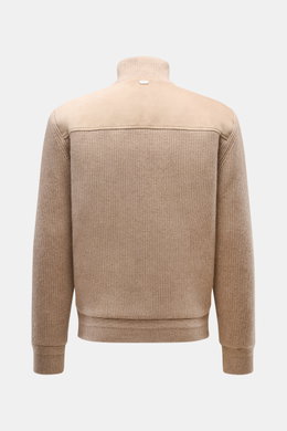 Agnona Cashmere Blouson taupe shown from the back, featuring pure cashmere, fine suede details, rib knit collar, sleeves, and cuffs, slim fit.