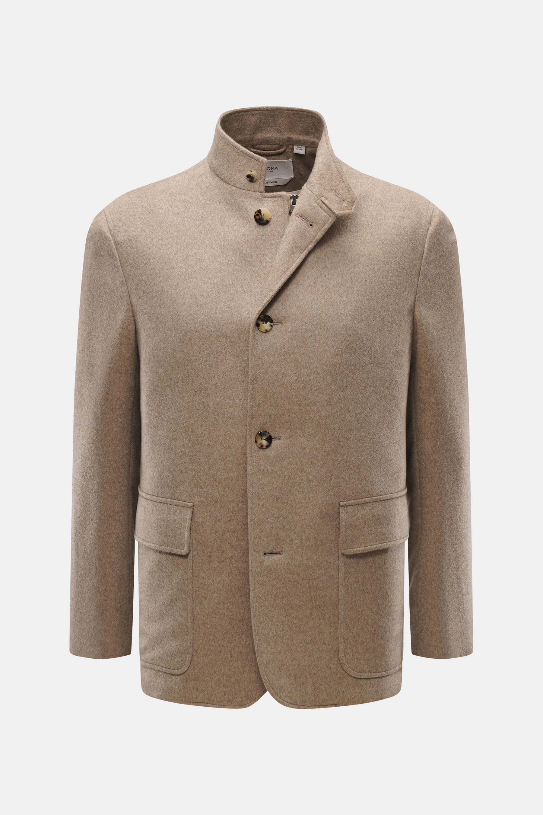 Agnona Cashmere Jacke beige meliert, Slim Fit, Vier-Knopf-Stil, mit variablem Revers, Hüfttaschen, Zwei-Wege-Reißverschluss, glattes Futter, Frontansicht.