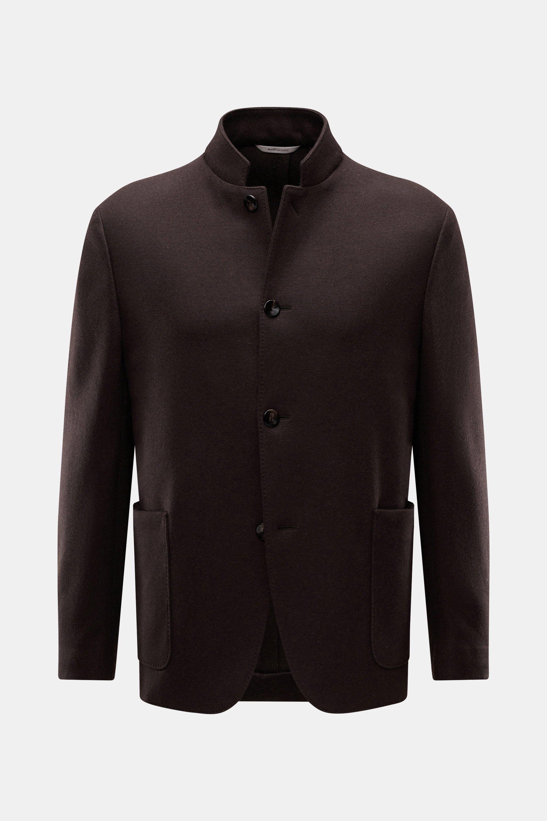 Front view of Agnona Jersey Jacket Dark Brown, a slim-fit, half-lined wool-cashmere blend jacket with four buttons, adjustable lapel, patch pockets, rear vents, unconstructed design, and two inner pockets.