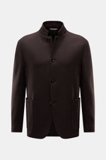 Front view of Agnona Jersey Jacket Dark Brown, a slim-fit, half-lined wool-cashmere blend jacket with four buttons, adjustable lapel, patch pockets, rear vents, unconstructed design, and two inner pockets.