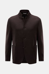 Front view of Agnona Jersey Jacket Dark Brown, a slim-fit, half-lined wool-cashmere blend jacket with four buttons, adjustable lapel, patch pockets, rear vents, unconstructed design, and two inner pockets.