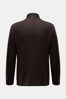 Agnona Jersey Jacket Dark Brown shown from the back, half-lined wool-cashmere blend, slim fit, four-button style, adjustable lapel, patch hip pockets, rear vents, unconstructed design, two inner pockets. Finest craftsmanship meets timeless elegance: This 