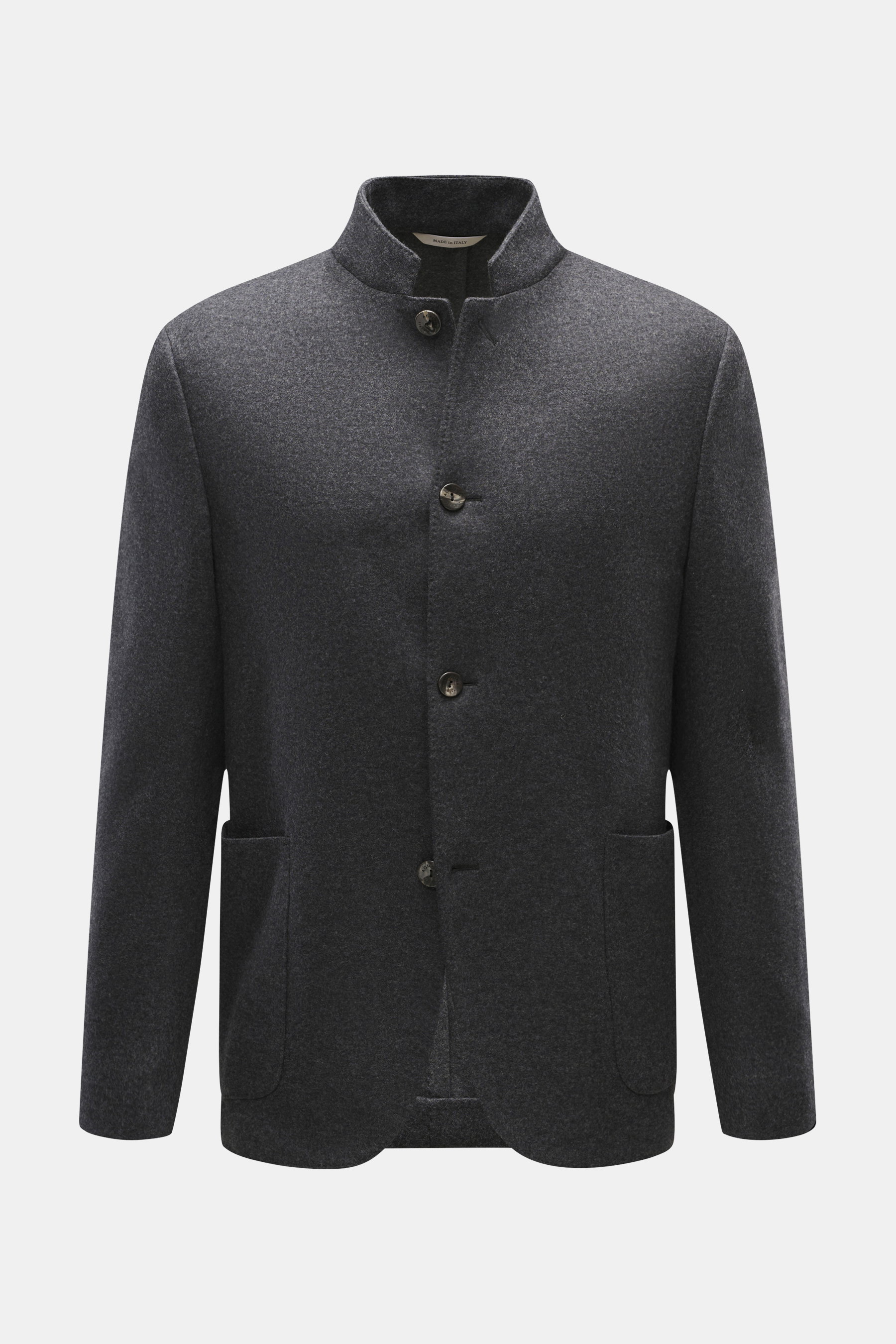 Agnona Jersey jacket dark grey melange shown from the front, slim fit with a stand collar, four-button style, patch hip pockets, and soft wool-cashmere blend. Finest craftsmanship meets timeless elegance in this half-lined jersey jacket with variable lape