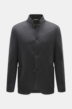 Agnona Jersey jacket dark grey melange shown from the front, slim fit with a stand collar, four-button style, patch hip pockets, and soft wool-cashmere blend. Finest craftsmanship meets timeless elegance in this half-lined jersey jacket with variable lape