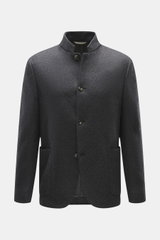 Agnona Jersey jacket dark grey melange shown from the front, slim fit with a stand collar, four-button style, patch hip pockets, and soft wool-cashmere blend. Finest craftsmanship meets timeless elegance in this half-lined jersey jacket with variable lape