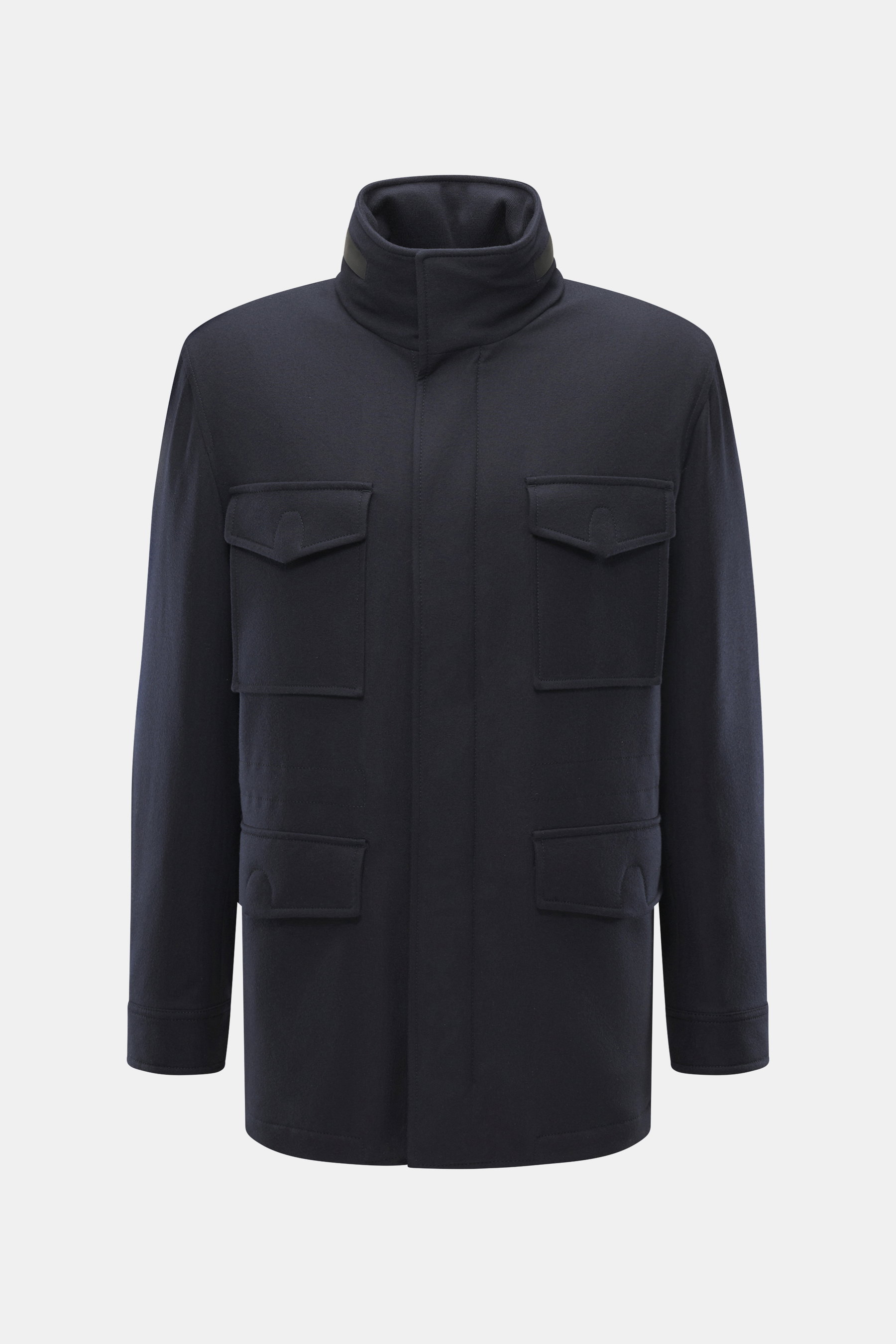 Front view of Brioni Cashmere jacket navy, a slightly elastic cashmere field jacket with soft feel, lamb leather details, light padding, stand-up collar, hidden hood, patch flap pockets, two-way zipper, and adjustable waist.