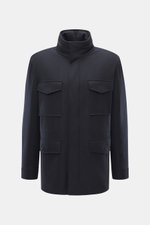 Front view of Brioni Cashmere jacket navy, a slightly elastic cashmere field jacket with soft feel, lamb leather details, light padding, stand-up collar, hidden hood, patch flap pockets, two-way zipper, and adjustable waist.