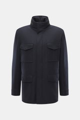 Front view of Brioni Cashmere jacket navy, a slightly elastic cashmere field jacket with soft feel, lamb leather details, light padding, stand-up collar, hidden hood, patch flap pockets, two-way zipper, and adjustable waist.