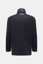 Rear view of Brioni Cashmere jacket navy in slightly elastic cashmere with lamb leather details, showing stand-up collar, snap cuffs, and logo loop.

Description: <p>A luxurious everyday companion you won't want to take off: This jacket from BRIONI reinte