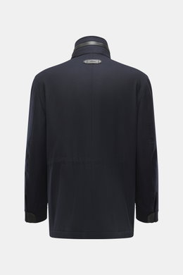 Rear view of Brioni Cashmere jacket navy in slightly elastic cashmere with lamb leather details, showing stand-up collar, snap cuffs, and logo loop.

Description: <p>A luxurious everyday companion you won't want to take off: This jacket from BRIONI reinte
