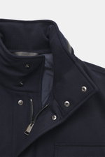 Close-up front view of Brioni Cashmere jacket navy, highlighting collar, two-way zipper, snap buttons, and soft lamb leather details.

<p>A luxurious everyday companion you won't want to take off: This jacket from BRIONI reinterprets the classic field jac