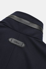 Alt tag (125 characters max): Close-up rear view of Brioni Cashmere jacket navy collar with lamb leather details and logo embossed leather loop.

Additional description: 
<p>A luxurious everyday companion you won't want to take off: This jacket from BRION