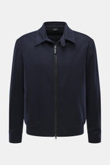 Frontale Nahaufnahme des Brioni Cashmere Blouson navy mit Umlegekragen, Zwei-Wege-Reißverschluss und elastischen Saumbündchen, Slim Fit.